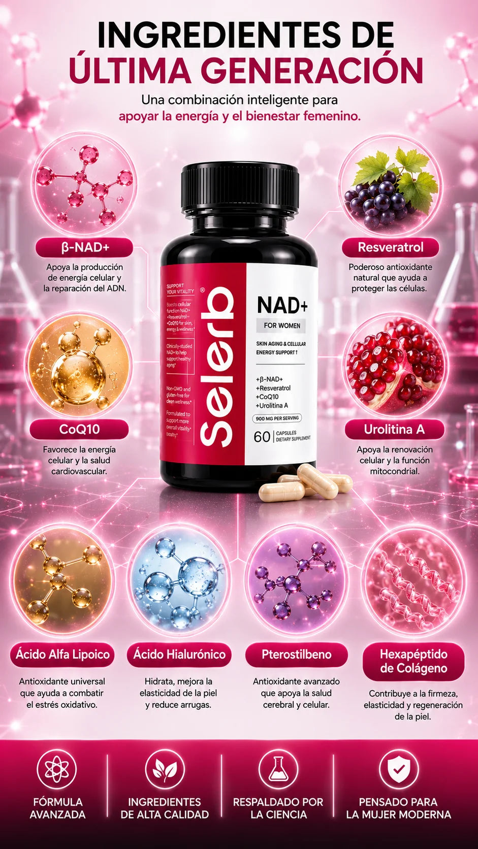 SELERB NAD+ For Women l Vitalidad y Energía femenina l 60 Cápsulas