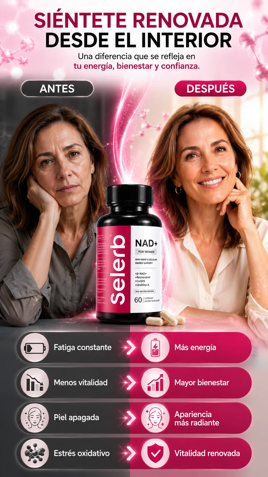 SELERB NAD+ For Women l Vitalidad y Energía femenina l 60 Cápsulas