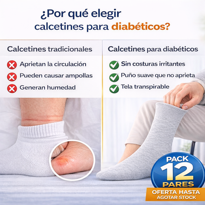 Calcetines para Diabéticos sin Costuras y Sin Presión I Pack 12 Pares