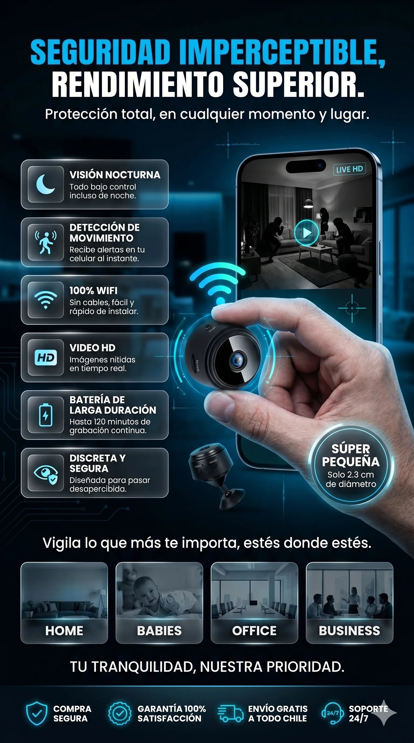 Monitorea tu hogar, negocio o mascotas desde cualquier lugar con esta Mini Cámara, conectala a tu celular. Discreta, compacta y con visión nocturna para protección total las 24 horas.