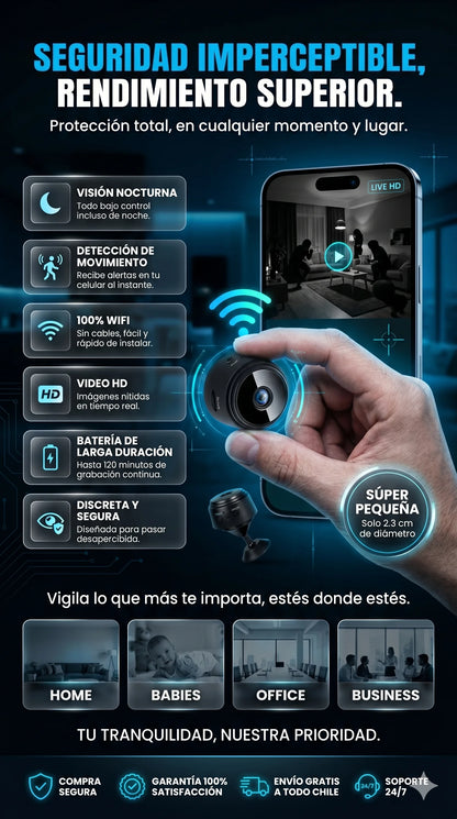 Monitorea tu hogar, negocio o mascotas desde cualquier lugar con esta Mini Cámara, conectala a tu celular. Discreta, compacta y con visión nocturna para protección total las 24 horas.