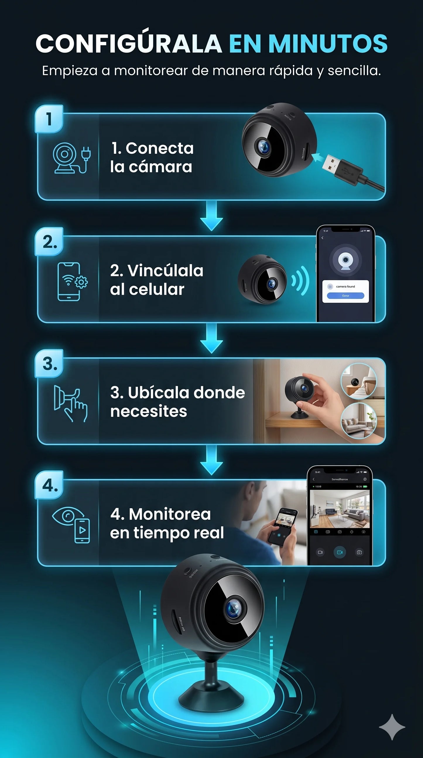 Monitorea tu hogar, negocio o mascotas desde cualquier lugar con esta Mini Cámara, conectala a tu celular. Discreta, compacta y con visión nocturna para protección total las 24 horas.