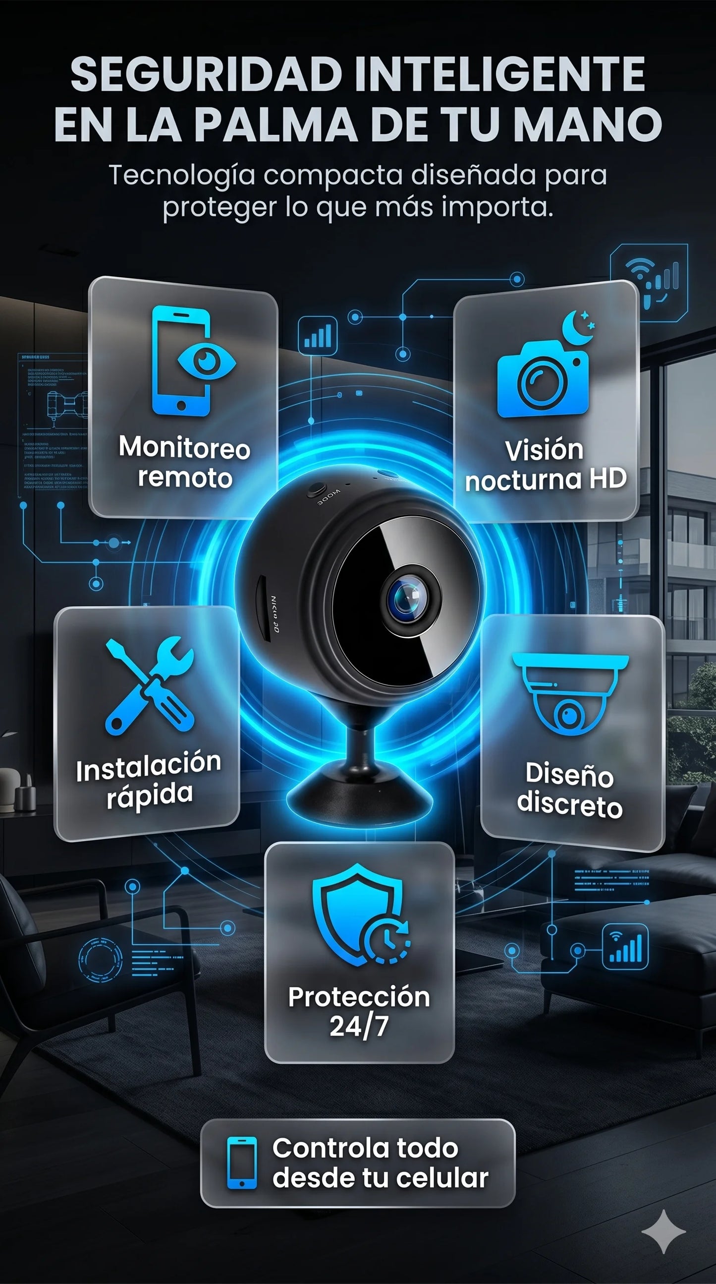 Monitorea tu hogar, negocio o mascotas desde cualquier lugar con esta Mini Cámara, conectala a tu celular. Discreta, compacta y con visión nocturna para protección total las 24 horas.