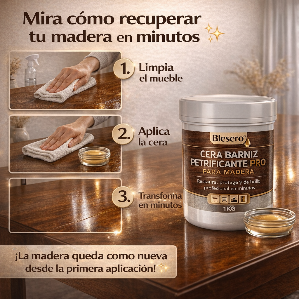 Blesero® Cera Barniz Petrificante PRO para Madera 1KG l Restaura, protege y da brillo profesional en minutos