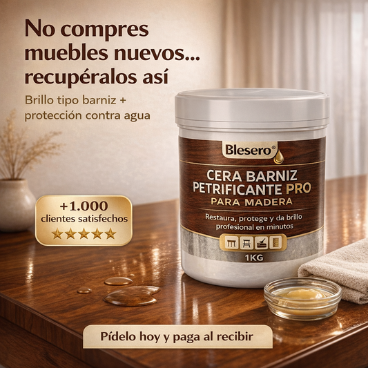 Blesero® Cera Barniz Petrificante PRO para Madera 1KG l Restaura, protege y da brillo profesional en minutos