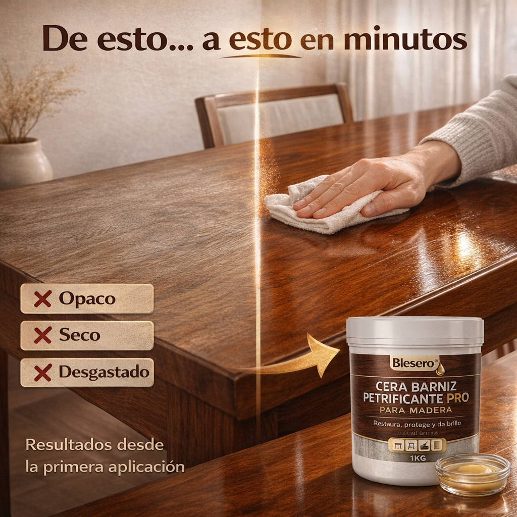 Blesero® Cera Barniz Petrificante PRO para Madera 1KG l Restaura, protege y da brillo profesional en minutos